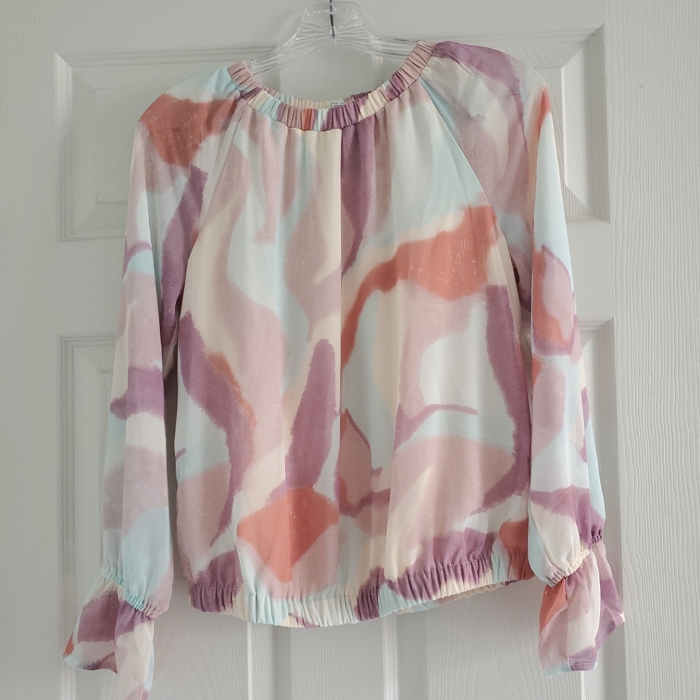 Nine West Blouse TOP Women XS Pastel Multicolor Long Sleeve Sheer